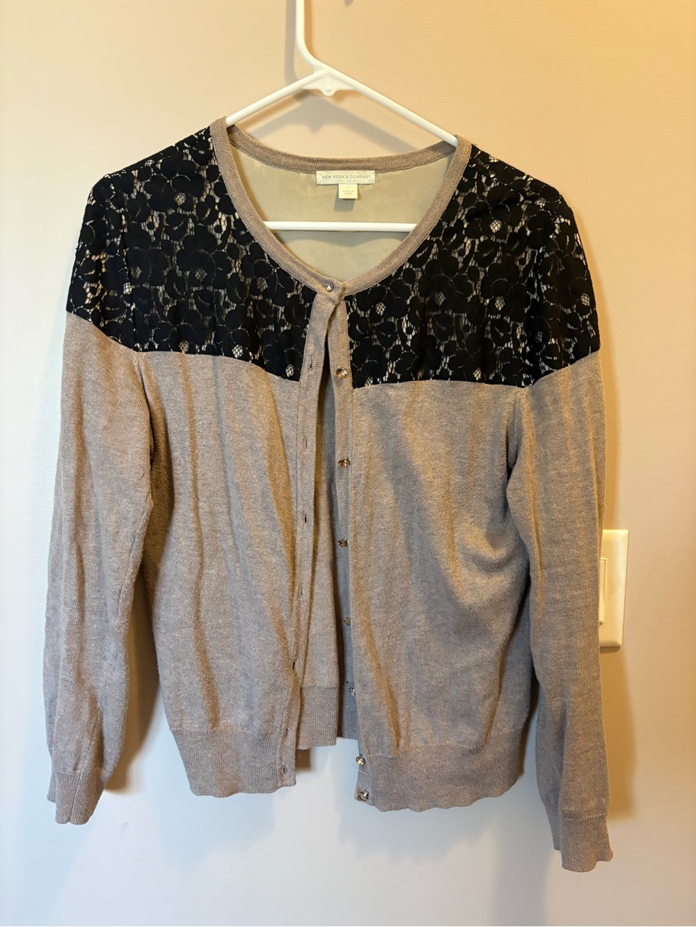 New York & Company Taupe Cardigan with Black Lace Yoke